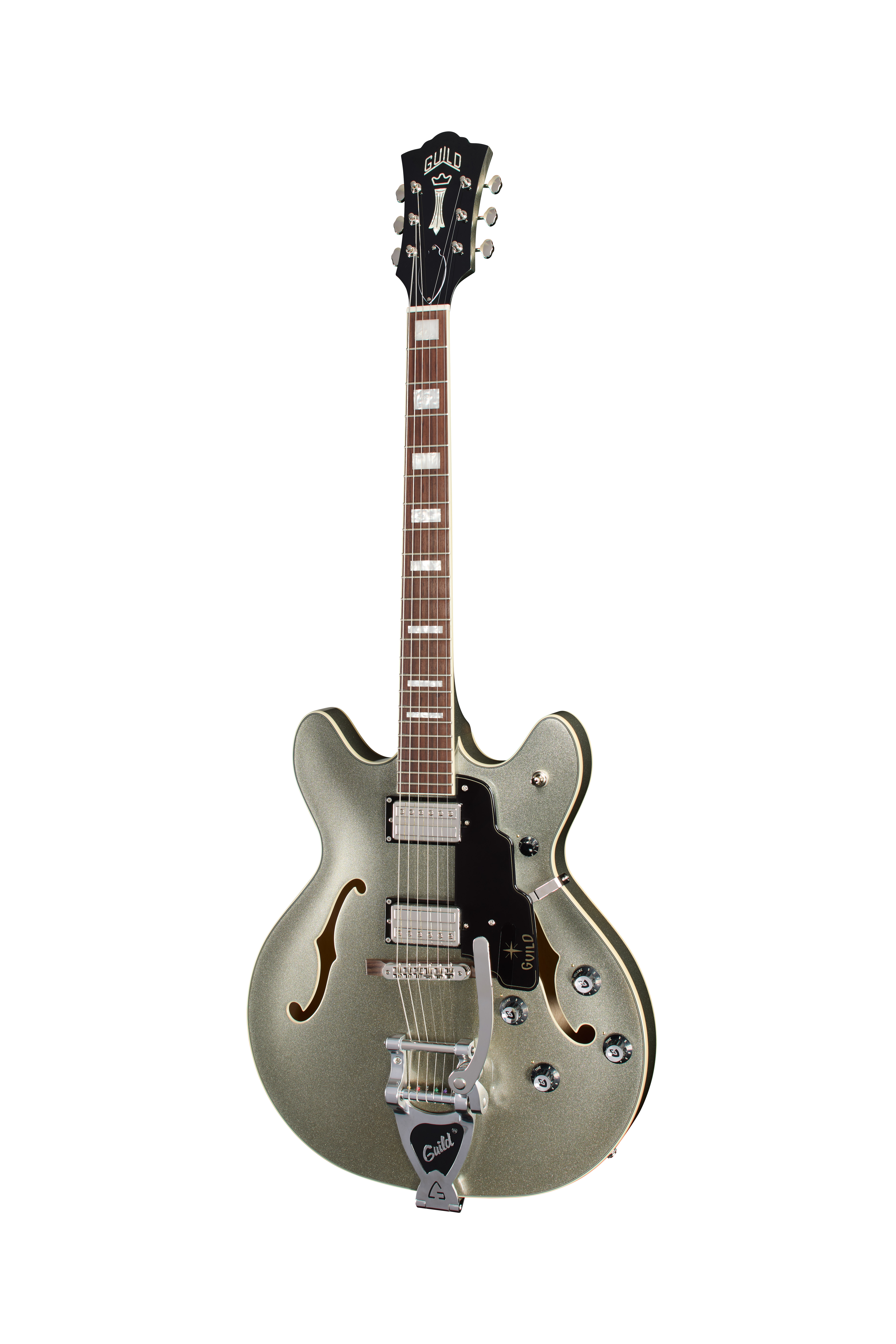 Halbakustik-Gitarre, E-Gitarre, Metallic-Olivgrün, Doppel-Humbucker, F-Löcher
